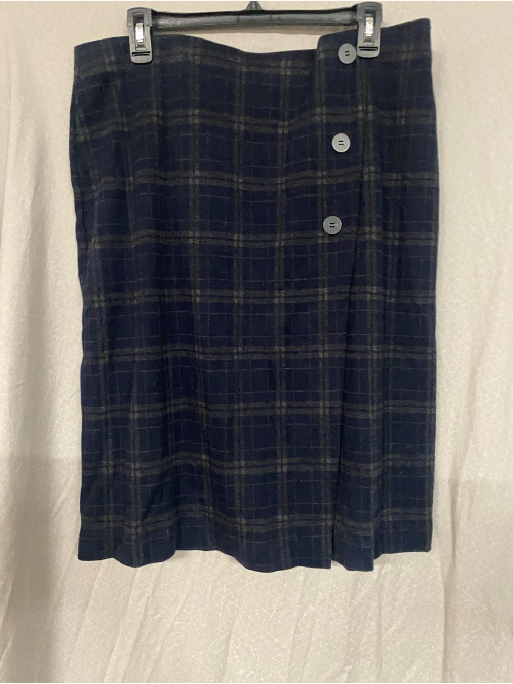 J. Jill Navy and Gray Plaid Midi Skirt with Side Buttons